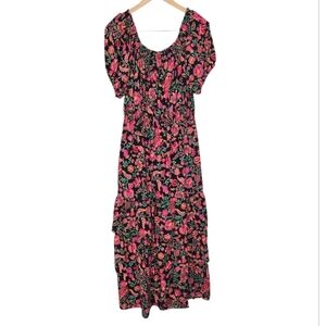 Knox Rose Vibrant Floral Puff Sleeve Black & Pink Tiered Maxi Dress. Size Large